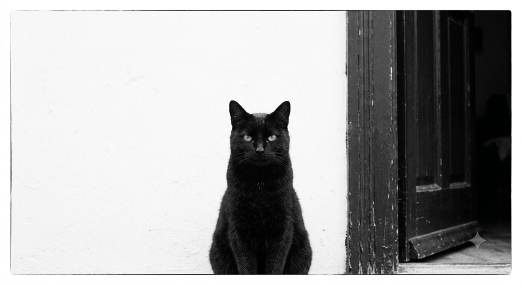 Chat noir assis face à l'objectif contre un mur blanc, près d'une porte en bois
